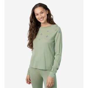 Kari Traa Summer Wool Long Sleeve Top Slate Green Floral Embroidery Sz Large NWT